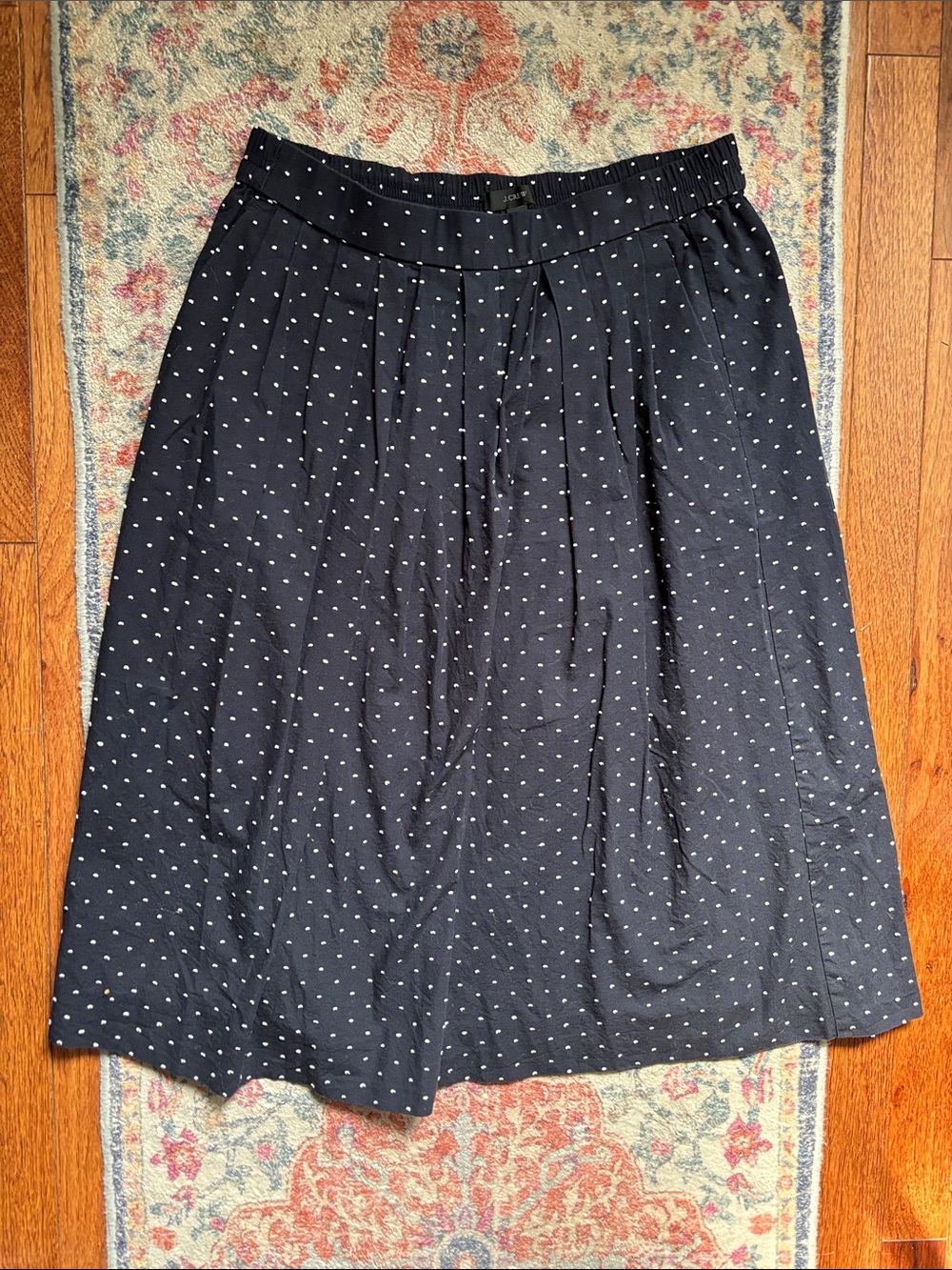 J. Crew Navy Midi Skirt with Embroidered White Polka Dots Size Small